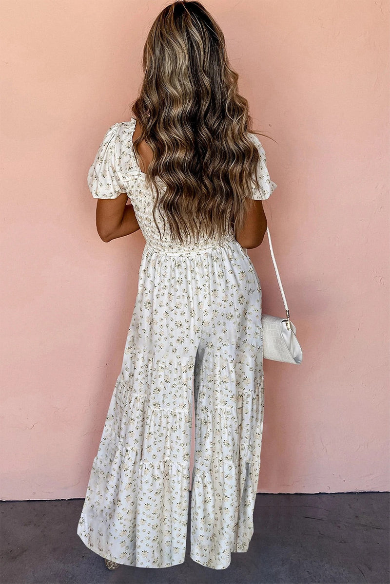 White Ditsy Smocked Puff Sleeve High Waist Jumpsuit