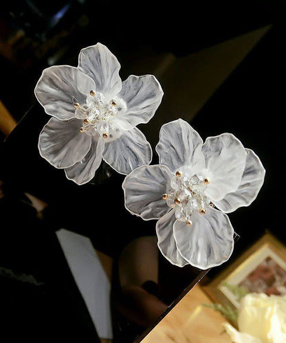 White Crystal Petal Exaggeration Alloy Stud Earrings