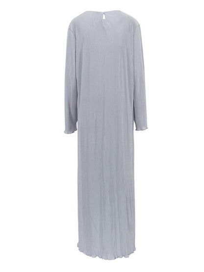 Long Sleeves Loose Pleated Color Round-neck Maxi Dresses