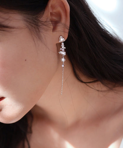 Stylish White Zircon Freshwater Pearl Mother of Pearl Silver Drop Earrings