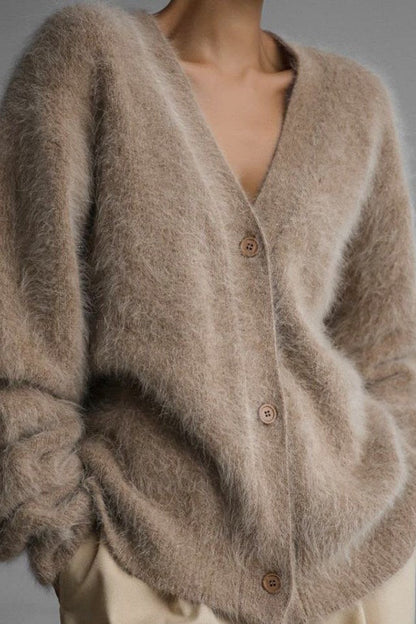 V Neck Soft Mink Fleece Loose Knit Cardigan