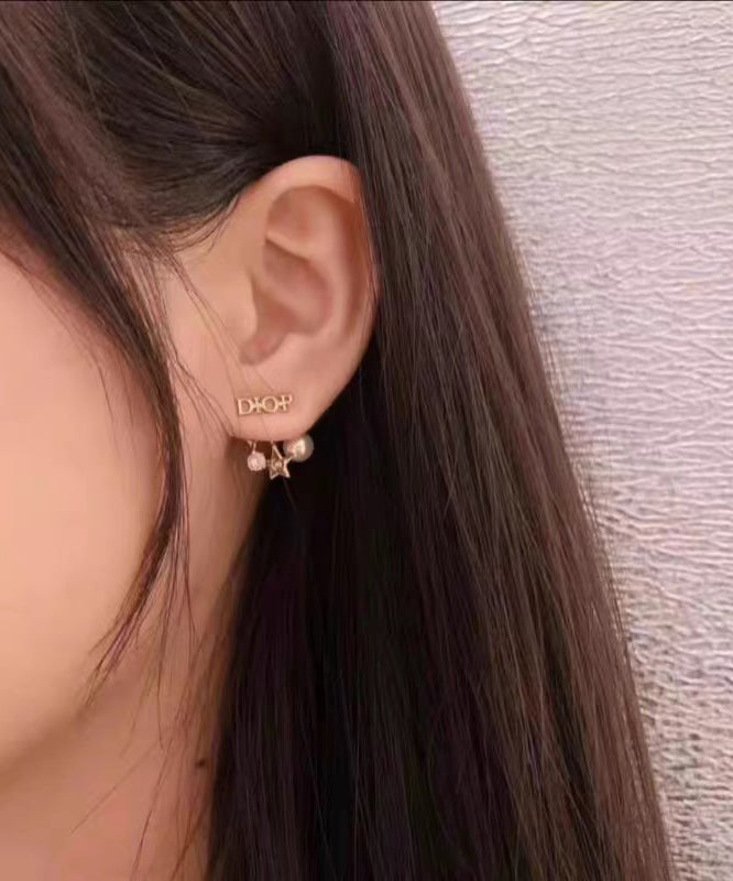 Modern Copper Overgild Zircon Pearl Graphic Starl Stud Earrings