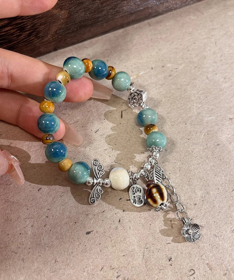 Silk Sterling Silver Jade Ceramics Beads Charm Bracelet