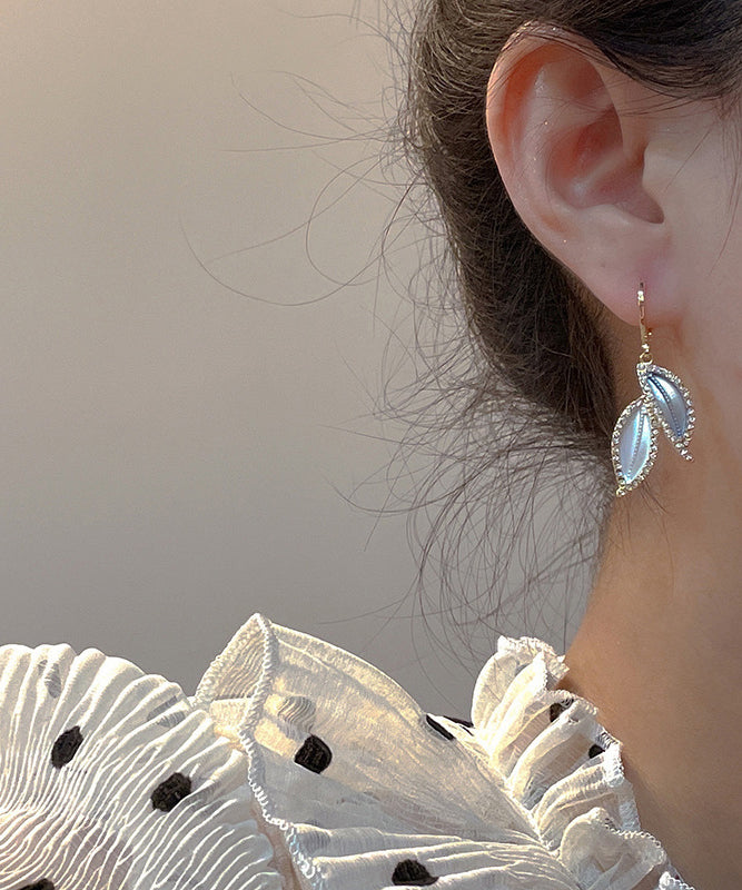 Diy Gold Copper Overgild Zircon Leaves Drop Earrings
