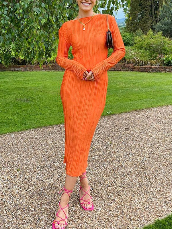 Long Sleeves Skinny Pleated Color Split-joint Round-neck Maxi Dresses