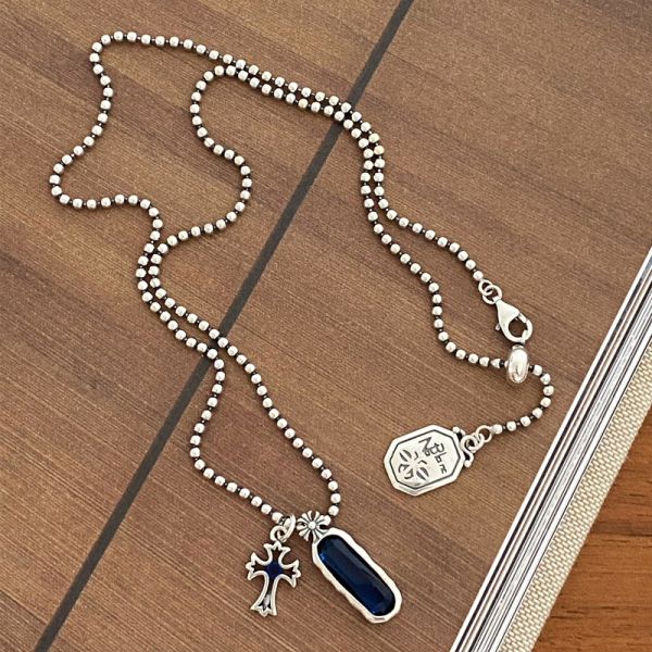 Sterling Silver Blue Round Bead Cross Pendant Necklace