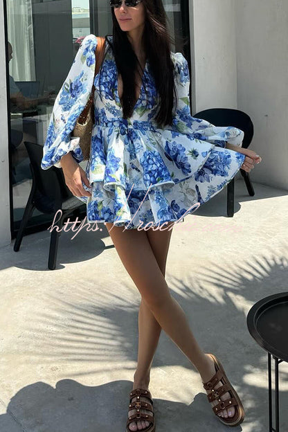 Feminine and Print Deep V-neck Balloon Sleeve Tiered Mini Dress
