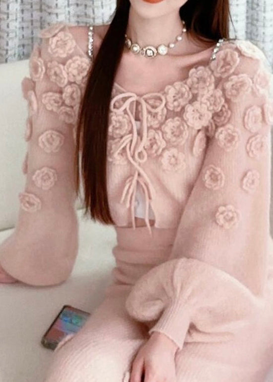 Pink Lace Up Knit Sweaters Fall Ry014