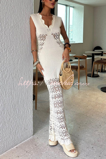 Color Hollow Knitted V-neck Slim Fishtail Maxi Dress