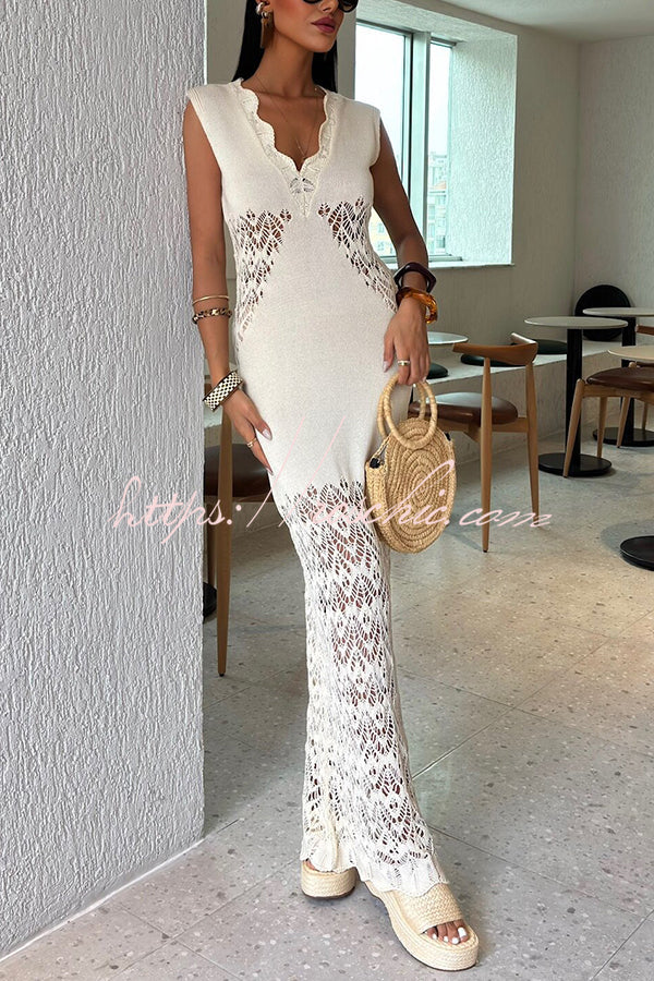 Color Hollow Knitted V-neck Slim Fishtail Maxi Dress