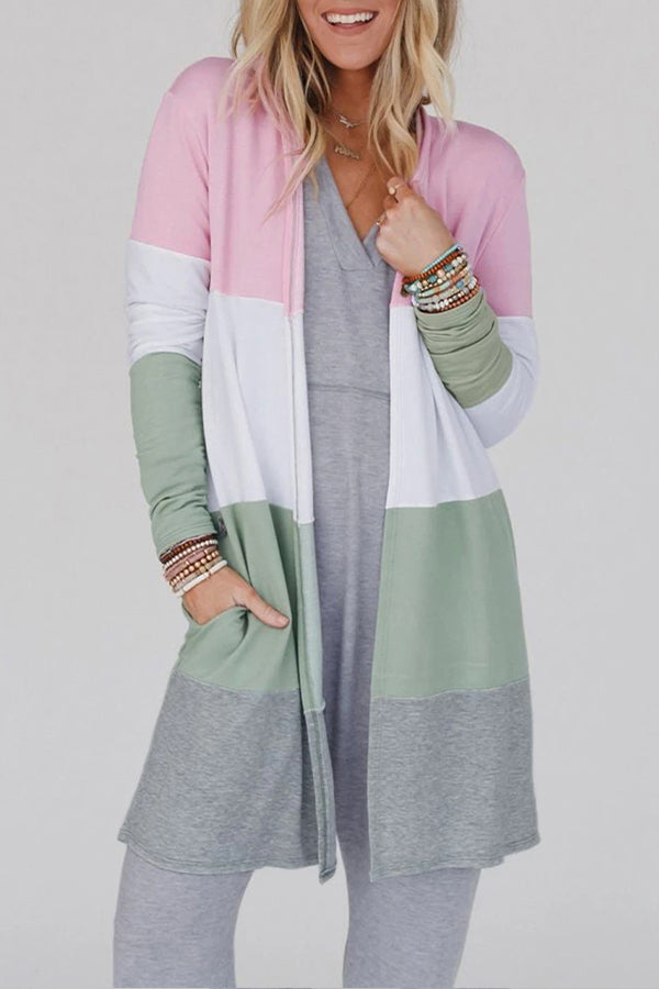 Multicolor Color Block Pocketed Duster Cardigan