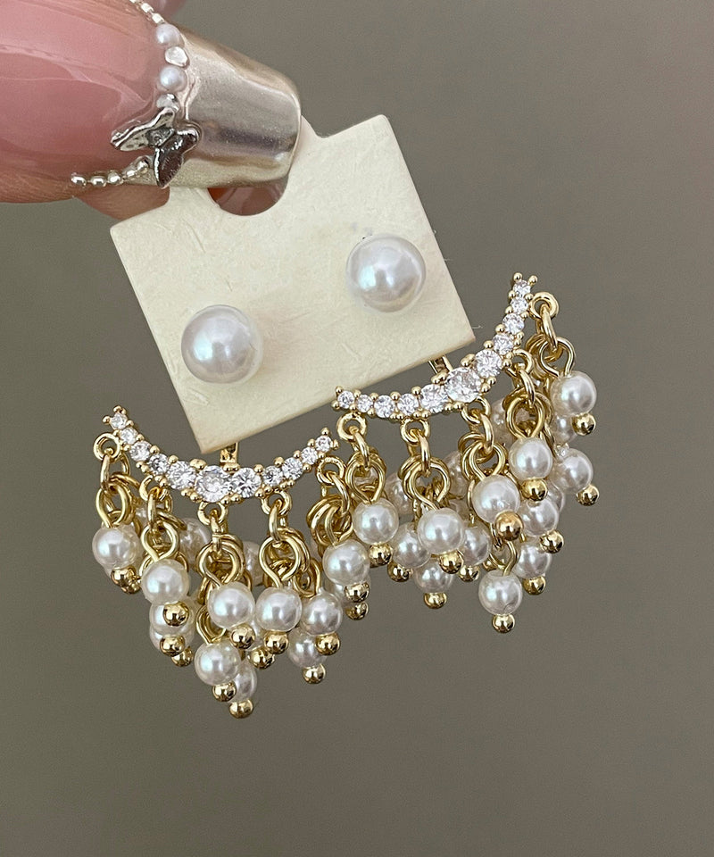 White Copper Alloy Acrylic Pearl Tassel Stud Earrings