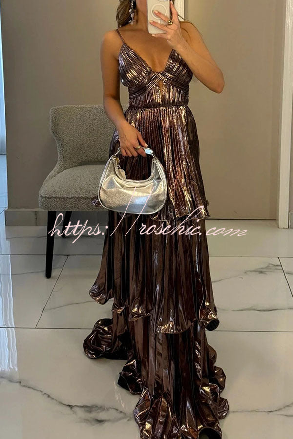 Seize the Pleated Metallic Fabric Cutout Tiered Maxi Dress