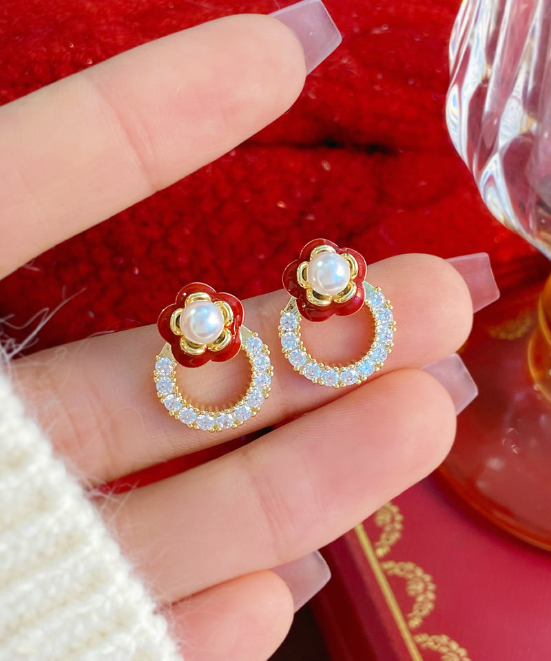 Red Copper Alloy Zircon Camellia Flower Stud Earrings