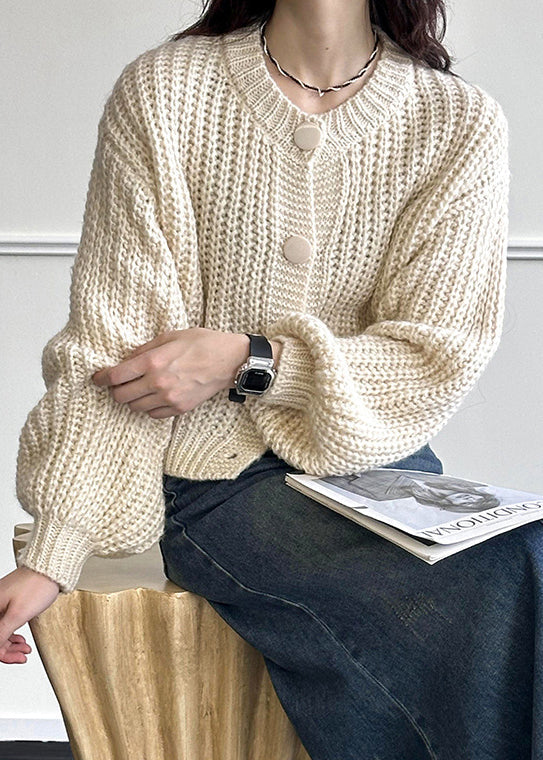 Beige Button Cotton Knit Cardigan O Neck Long Sleeve Af1035