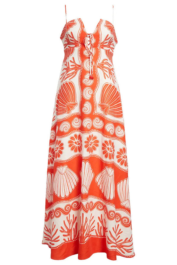 Shell Unique Print Front Lace-up Loose Maxi Dress