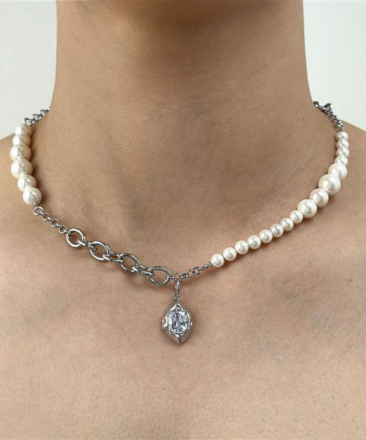 Classy Silk Stainless Steel Pearl Water Drop Zircon Pendant Necklace