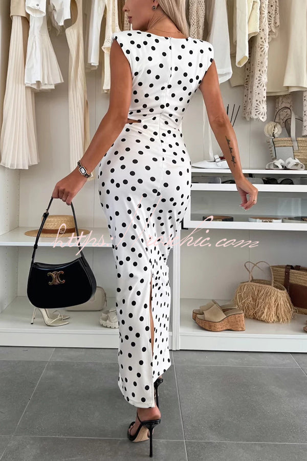 Roxane Polka Dot Print Shoulder Pad Metal Cutout Waist Slit Stretch Maxi Dress