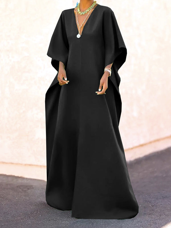 Batwing Sleeves Loose Color Split-side V-neck Maxi Dresses