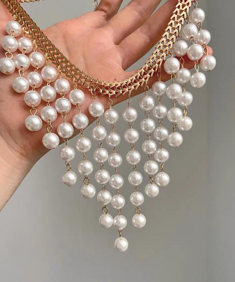 White Alloy Chain Grapes Pearl Tassel Pendant Necklace