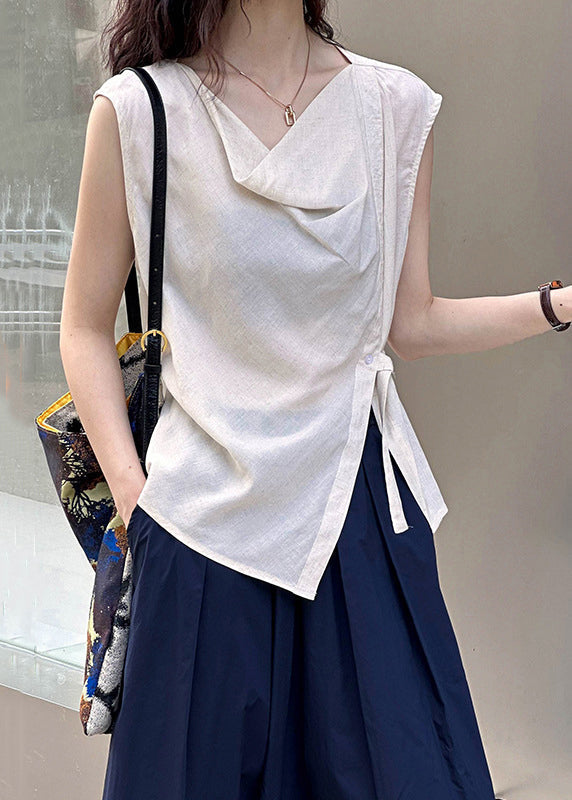 Beige Cotton Blouse Tops Turtle Neck Sleeveless Af1044