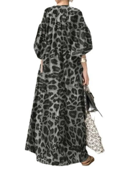 Leopard Print Long Dresses Temperament V-neck Puff Sleeves Loose Dress Style Vestidos Spring New