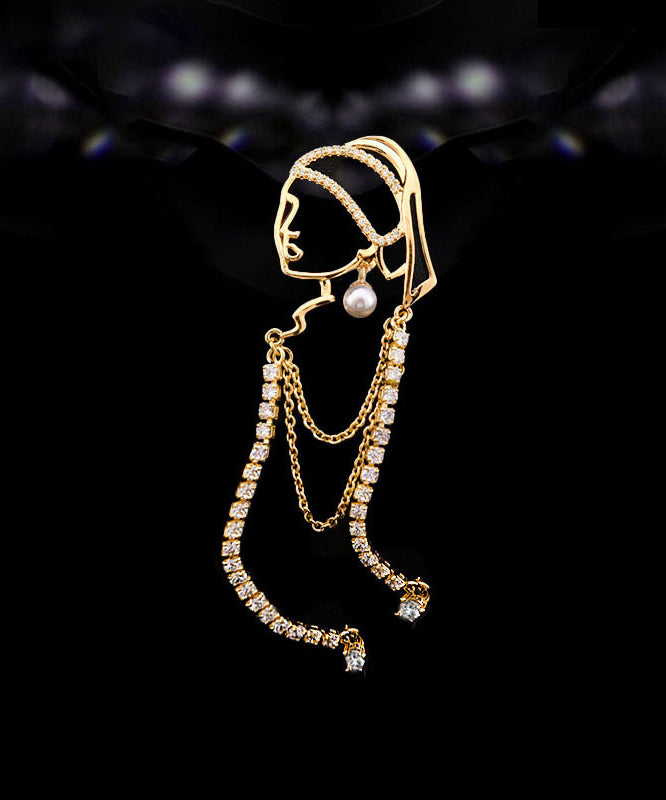 Modern Gold Alloy Zircon Girl With a Pearl Earring Tassel Brooches