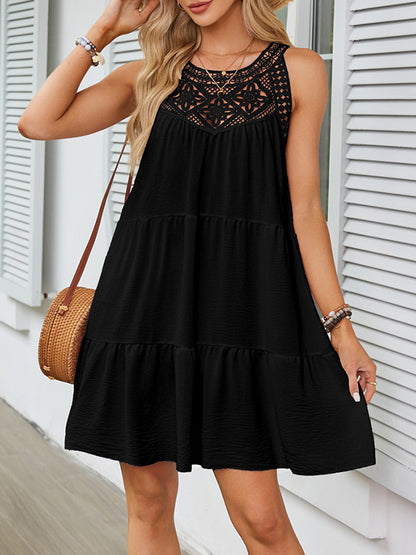 A-line Loose Hollow Pleated Color Split-joint Round-neck Mini Dresses