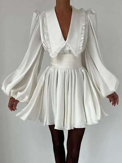 Deep V Neck Folds Dress for Ruffles Turn Collar Belt Mini Dresses Lady Retro Party Evening Dress Female New