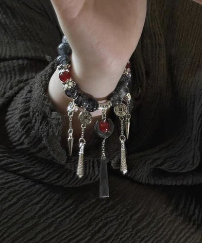 Boutique Black Sterling Silver Crystal Gem Stone Tassel Charm Bracelet