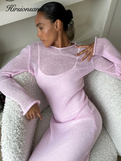 Spring Autumn O-neck Elastic Knit Long Dresses Soft Lady Hollowing Sweater Dresses Femme New