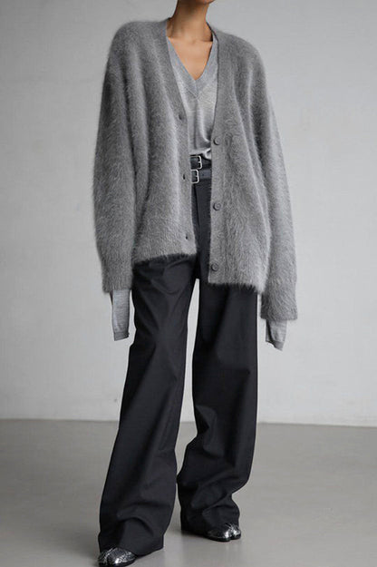 Color Loose V-neck Long-sleeved Lazy Knitted Cardigan