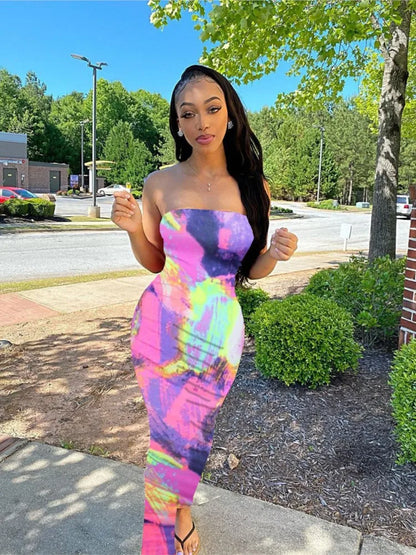 Spring and Summer Dresses for Chest Wrap Printed Off Shoulder Bandage Slim Long Dress New Party Mschuh