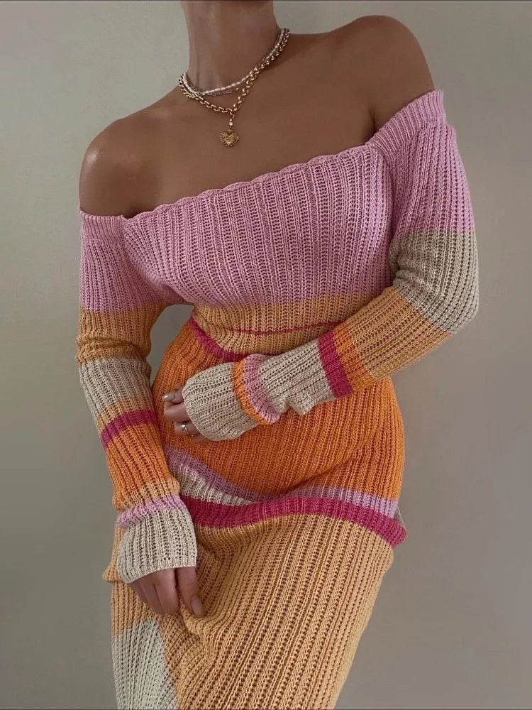 Hollow Out Knitwear Striped Maxi Dress for Contrast High Waist Long Sleeve Holiday Autumn Long Dress Female
