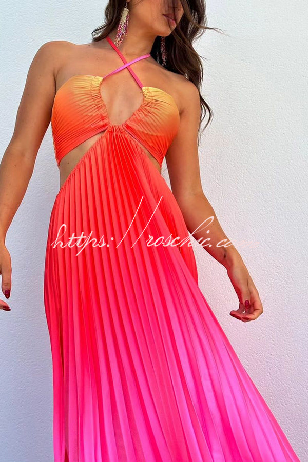 Get Ready Gradient Print Cutout Halterneck Pleated Maxi Dress
