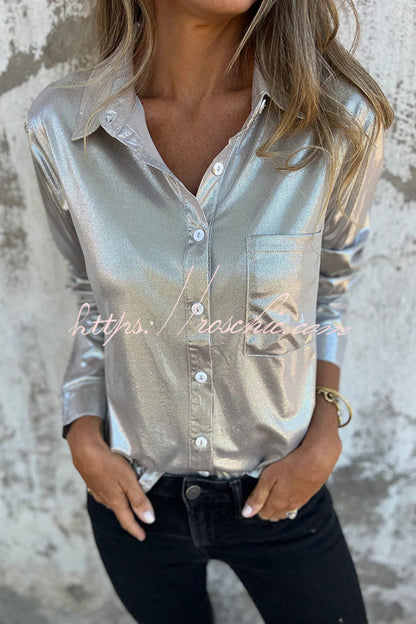 Holiday Look Metallic Loose Pocket Button-down Blouse