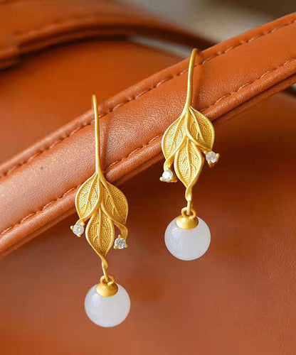 Gold Sterling Silver Overgild Zircon Jade Leaf Drop Earrings