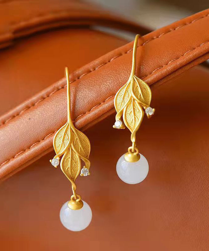 Gold Sterling Silver Overgild Zircon Jade Leaf Drop Earrings