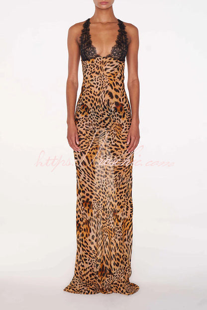 Rosalinda Abstract Print Lace Patchwork Back Lace-up Maxi Dress