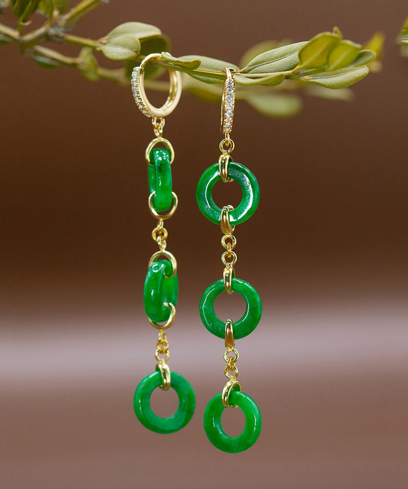 Green Sterling Silver Overgild Jade Circle Drop Earrings