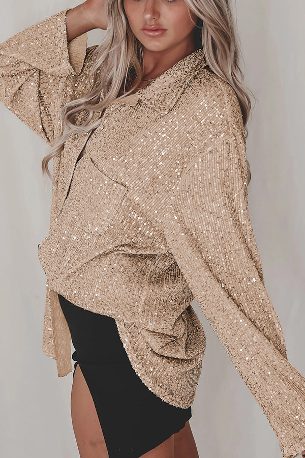Color Button-down Long-sleeve Sequined Cardigan
