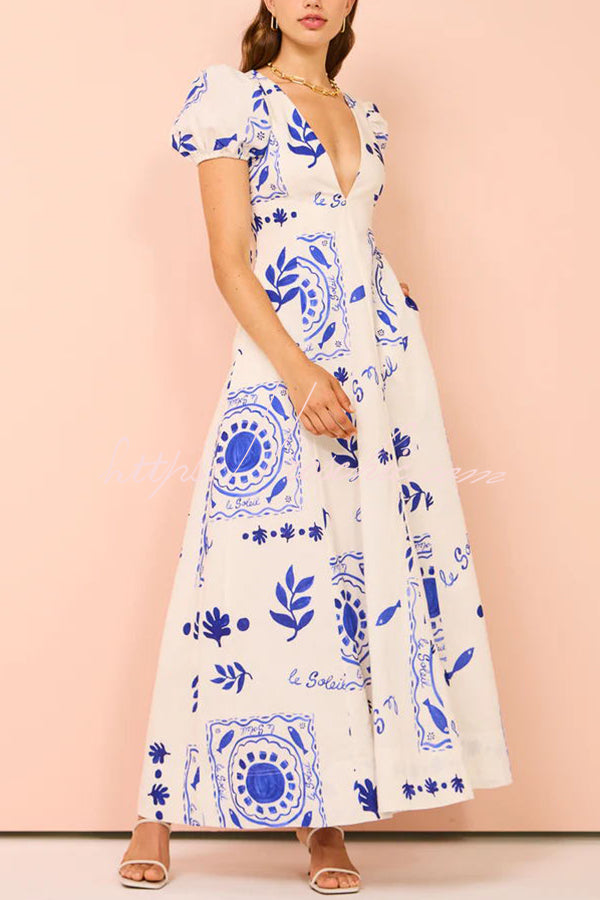 Embrace the Glamour Linen Blend Unique Print Puff Sleeve Pocketed Maxi Dress