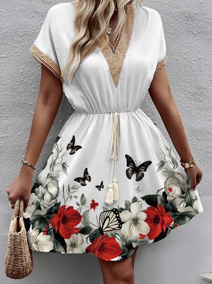 A-line Loose Butterfly Print Elasticity Hollow Split-joint Tasseled Tied Waist V-neck Mini Dresses