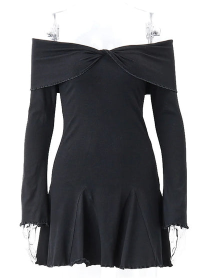 Black Knit Ruffled Mini Dress Patchwork Off-shoulder Loose Slim Ribbed Dress Knitwear Clothes Female Dress