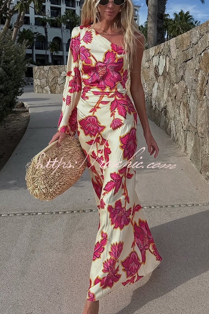 Rhia Satin Print One Shoulder Flared Maxi Dress