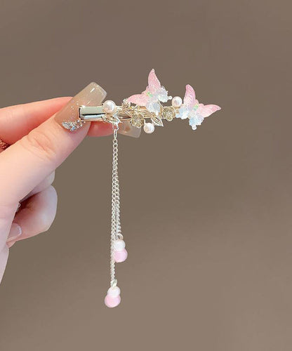 Pink Alloy Pearl Butterfly Tassel Hairpin