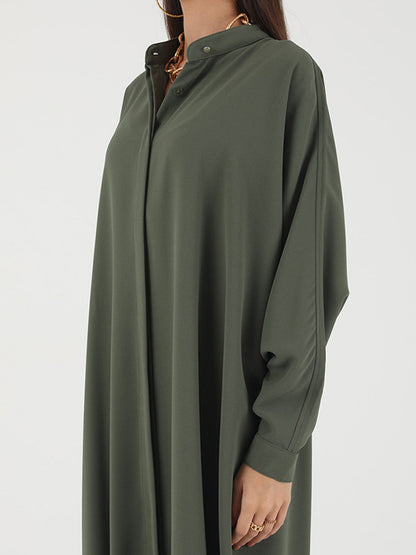Batwing Sleeves Loose Buttoned Muslim Color Split-side Round-neck Maxi Dresses