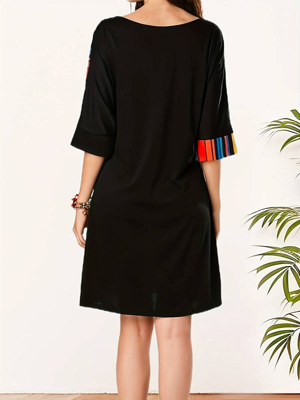 A-line Half Sleeves Asymmetric Contrast Color Striped Round-neck Mini Dresses