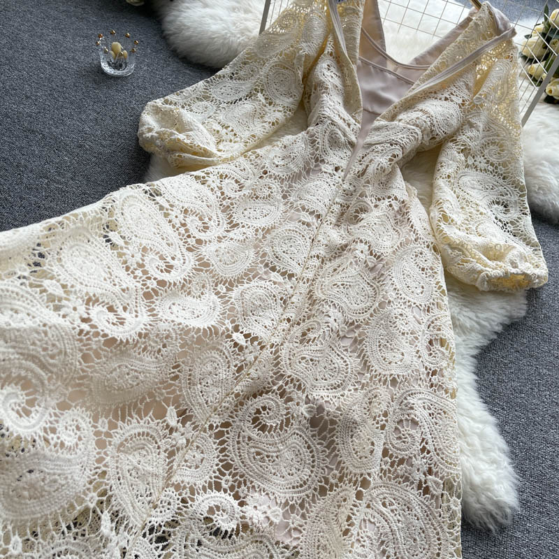 Classy Apricot V-neck Hollow Out Lace Buttoned Long Puff Sleeve Maxi Dress