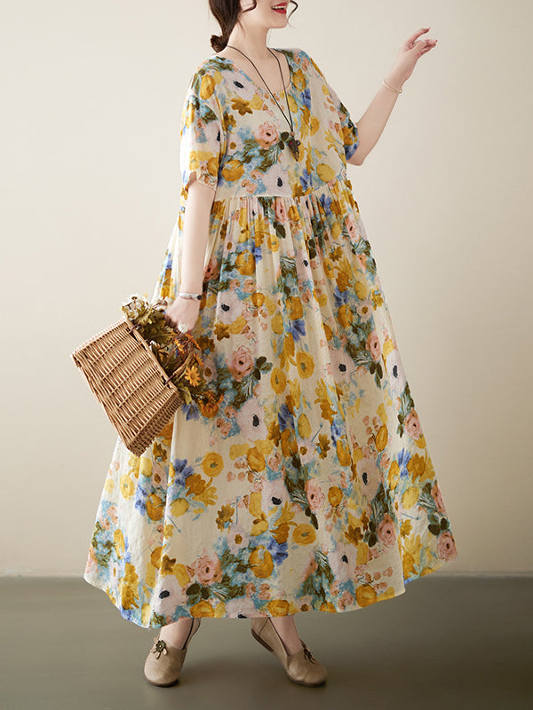 A-line Loose Printed Round-neck Midi Dresses